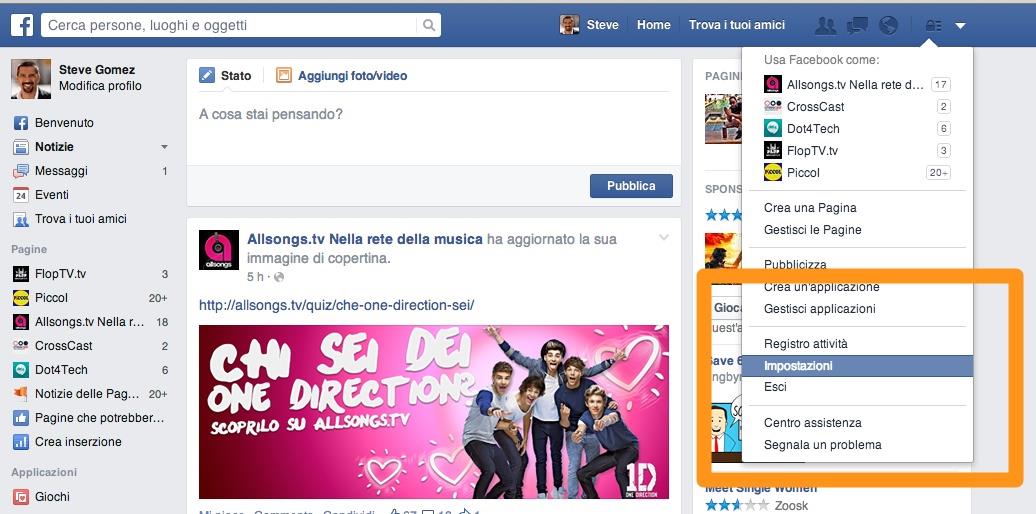 Il tasto Impostazioni di Facebook