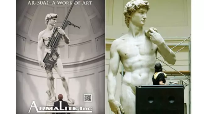 Il David di Michelangelo imbraccia il fucile d'assalto nella contestata pubblicità USA Immagine pubblicitaria del fucile AR-501 in mano al David di Michelangelo