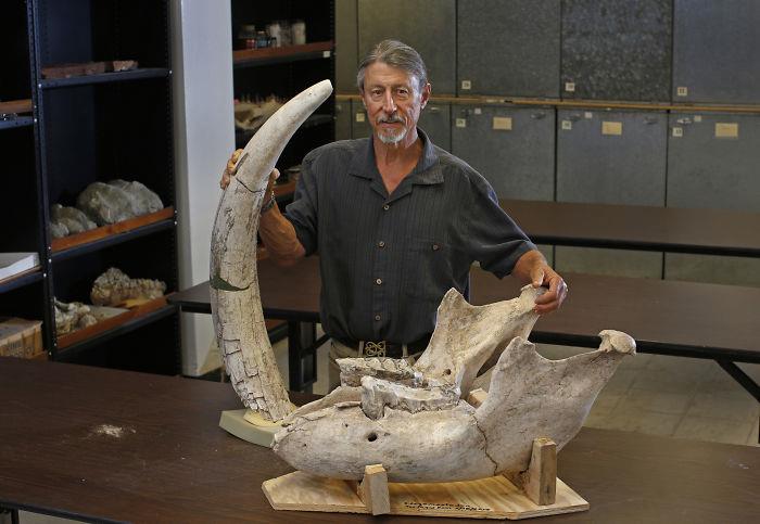 Il professor Houde insieme al fossile di gonfoteriide