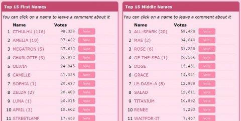 Classifica dei nomi votati su internet per una bambina