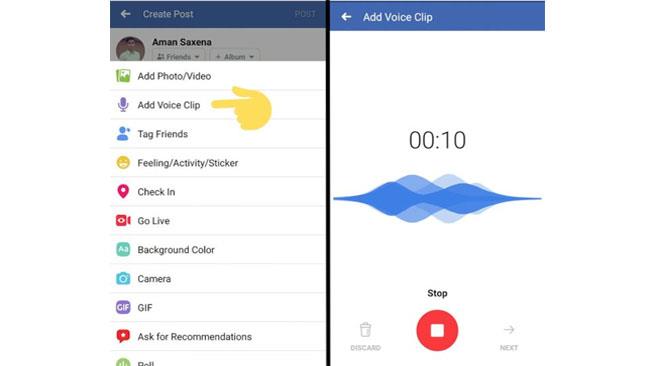 Clip audio per i propri profili Facebook La schermata dell'applicazione che mostra la funzionalità di registrazione vocale