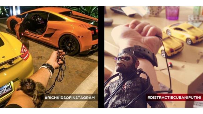 foto di ragazzi ricchi ricreata con mezzi di fortuna: la scimmia e la Lamborghini