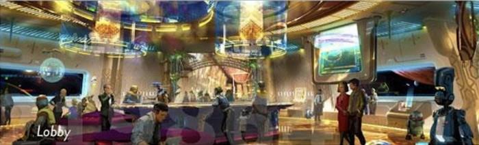 Un rendering grafico di come potrebbe essere la hall dell'albergo di Star Wars