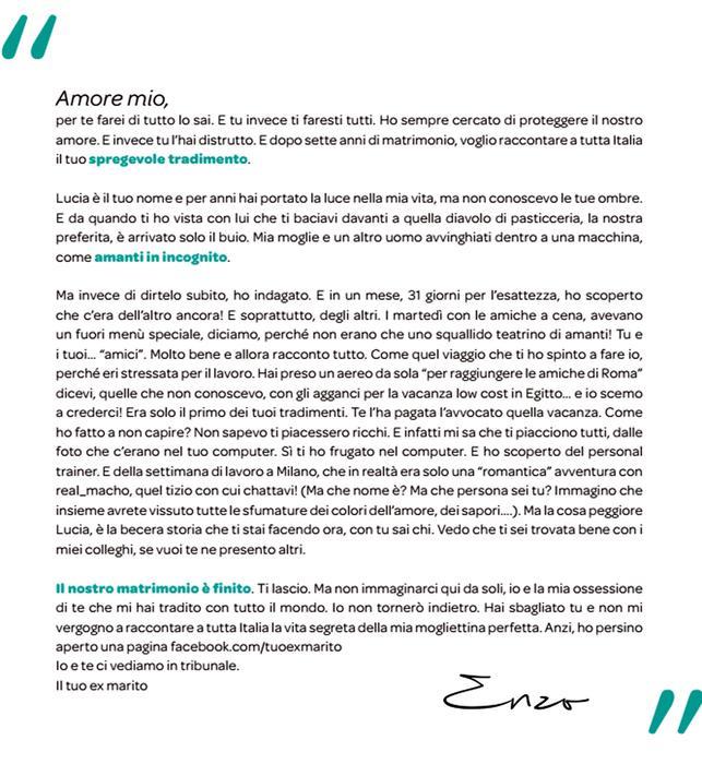 La lettera del Corriere con cui Enzo ha lasciato la moglie Lucia