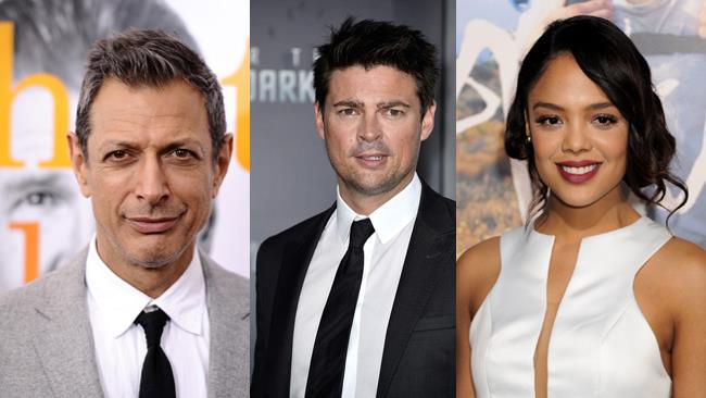 Gli attori Jeff Goldblum, Carl Urban e Tessa Thompson