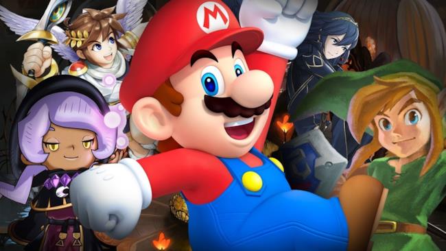 I personaggi di Nintendo in uno spettacolare atrwork di gioco Le icone Nintendo si mostrano in un artwork di gioco