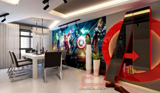 La sala da pranzo dell'appartamento a tema Avengers, dedicato al primo film