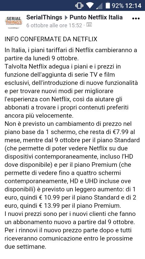 Uno screenshot di informazioni relative al piano tariffario Netflix