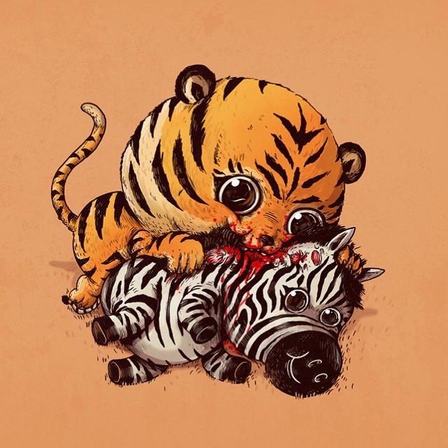 Un'adorabile tigre addenta una zebra