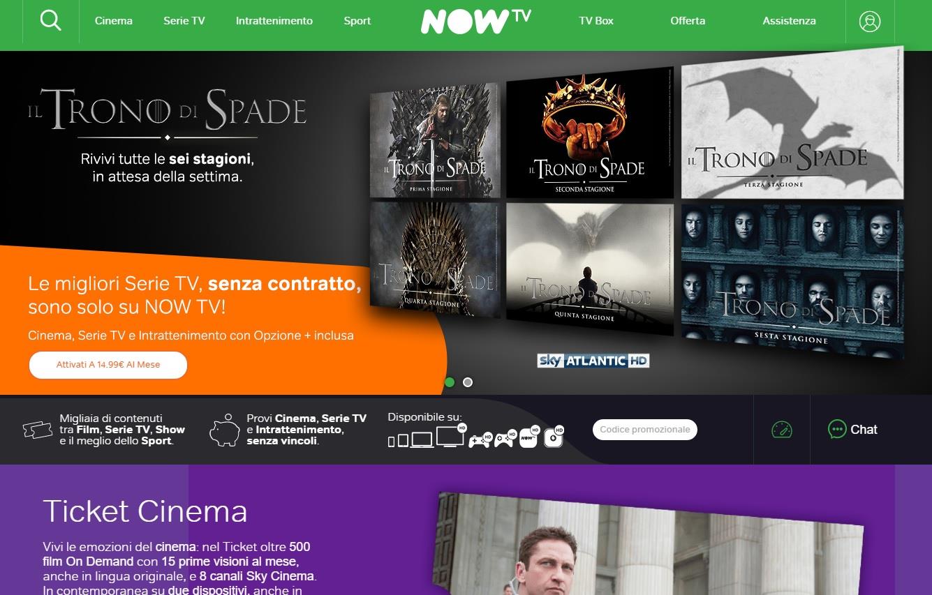 Game of Thrones in streaming - La home page di Now TV