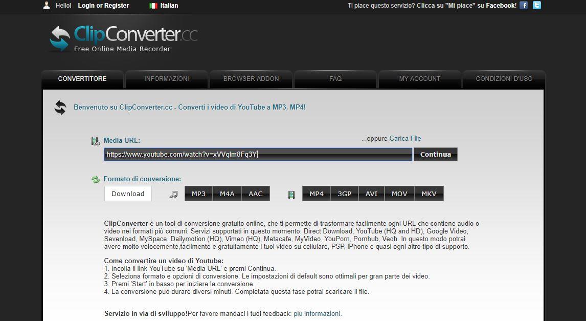 La home page di ClipConverter - Come scaricare musica da YouTube