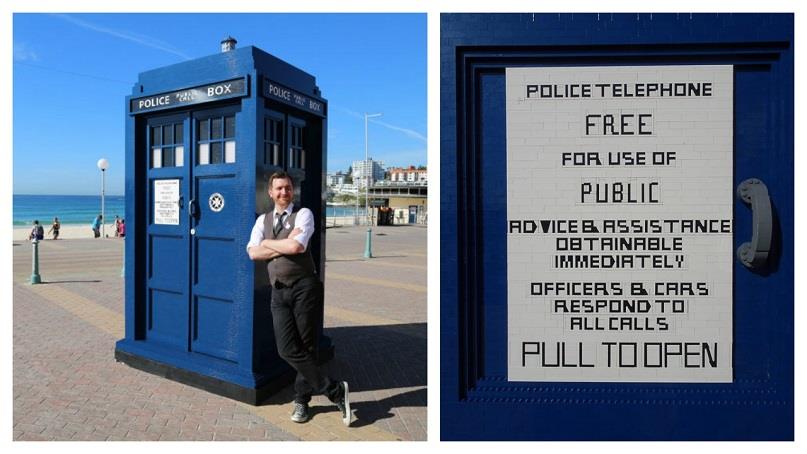 A sinistra il TARDIS costruito da The BrickMan a figura intera, a destra il particolare della targa sempre fatta di LEGO