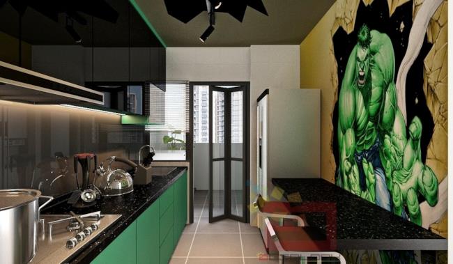 La cucina dell'appartamento ispirato agli Avengers ha come protagonista Hulk