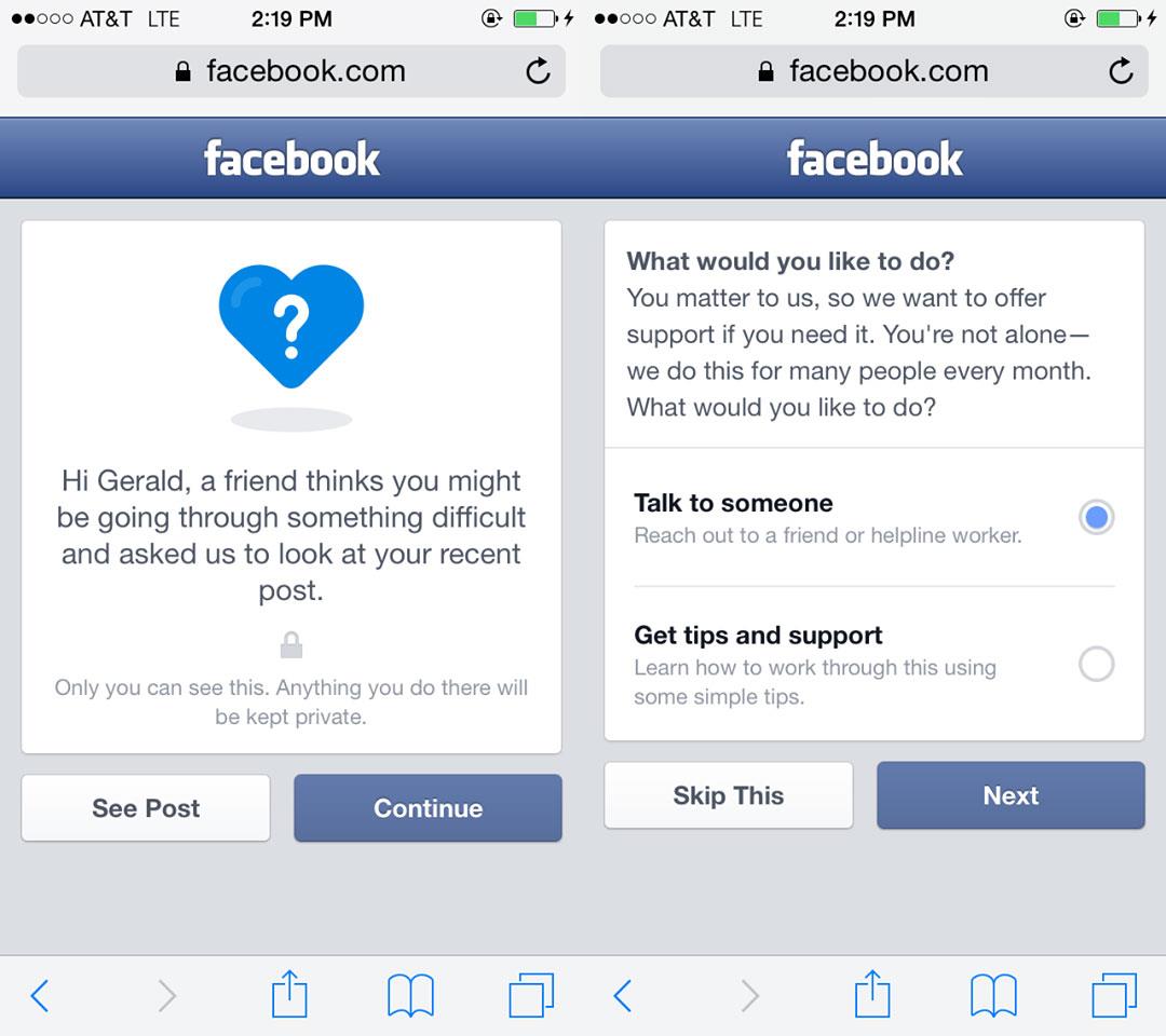 Schermate della nuova funzione di Facebook per prevenire i suicidi