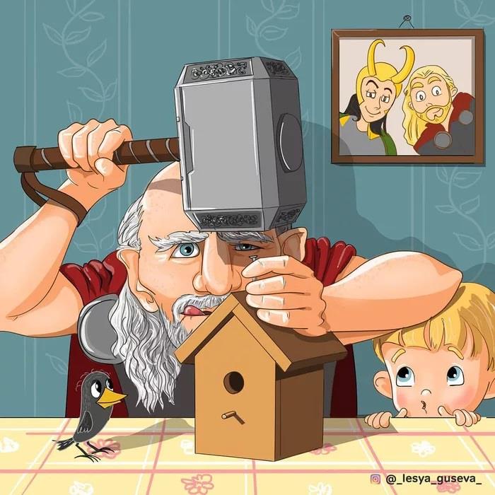 Thor in pensione che costruisce una casa per gli uccelli