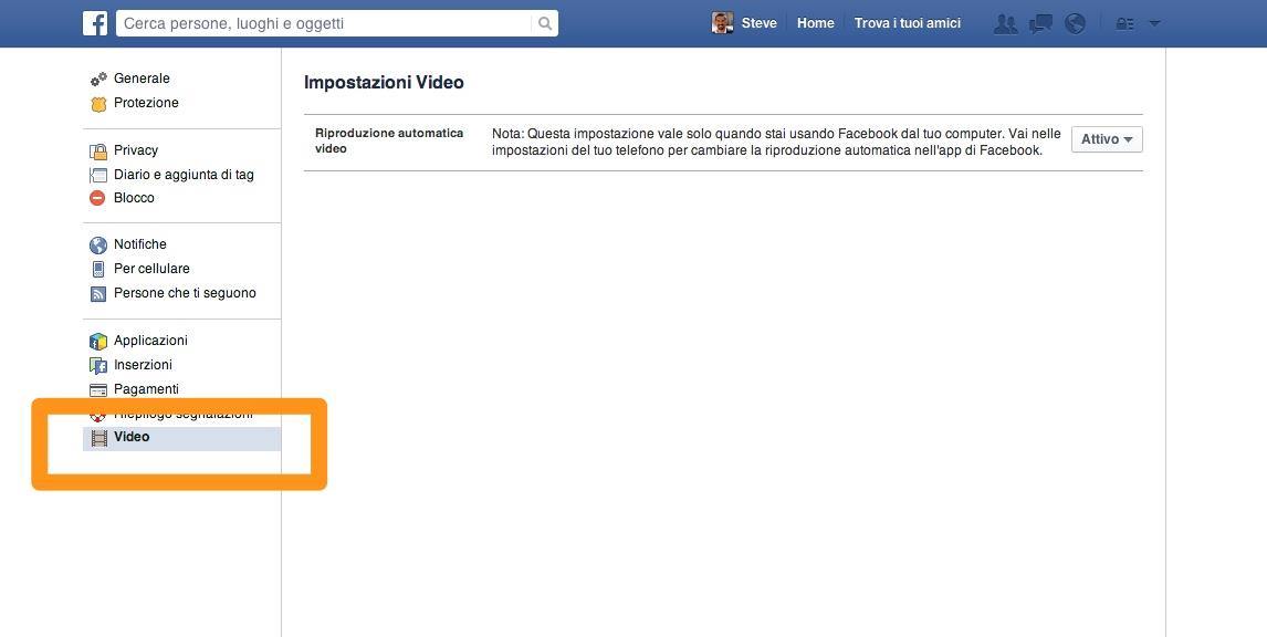 Sezione video delle impostazioni di Facebook