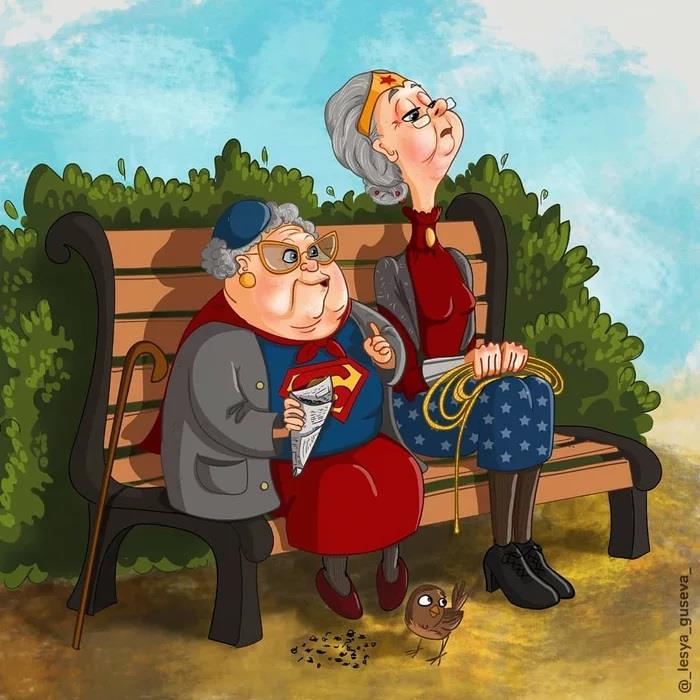 Supergirl e Wonder Woman su una panchina al parco