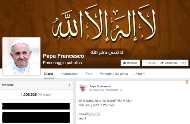 Home page della pagina del Papa hackerata