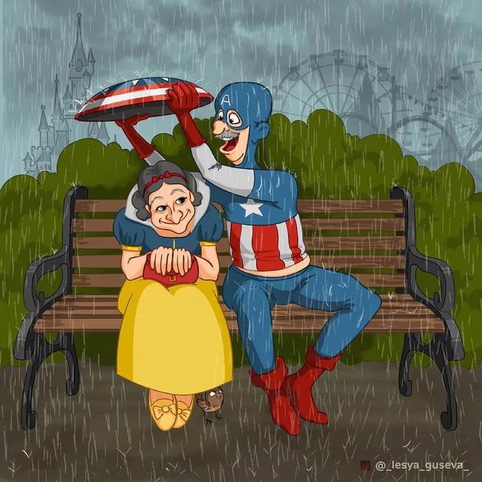 Captain America in pensione su una panchina