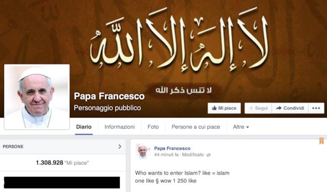 Pagina Facebook di Papa Francesco hackerata da hacker musulmani Immagine della pagina Facebook di Papa Francesco