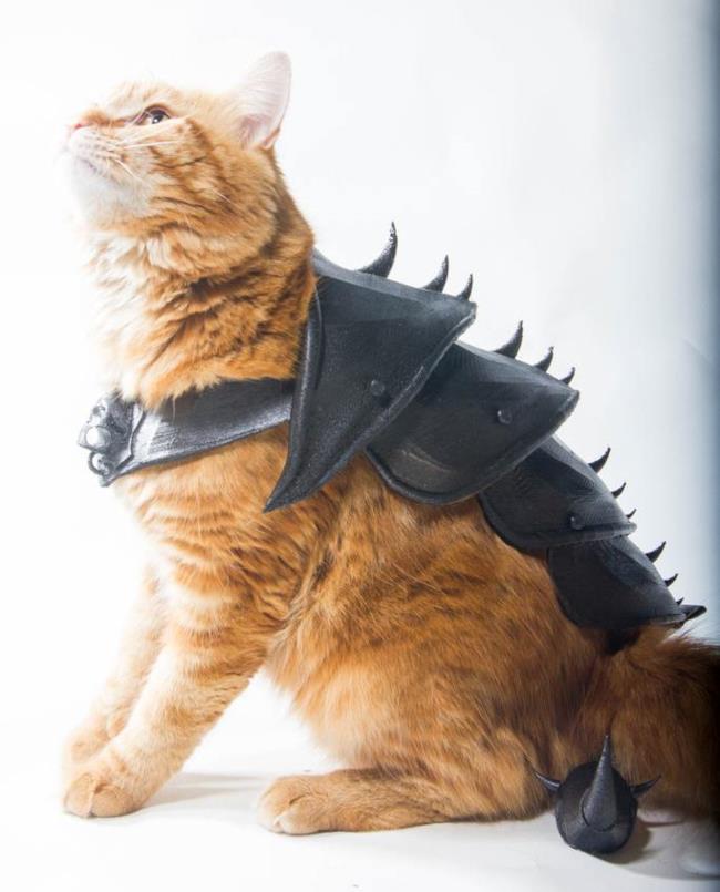Un nobile felino con indosso un'armatura creata con la stampa 3D