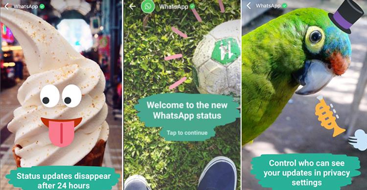 Schermate che spiegano come usare la nuova funzione di status di WhatsApp