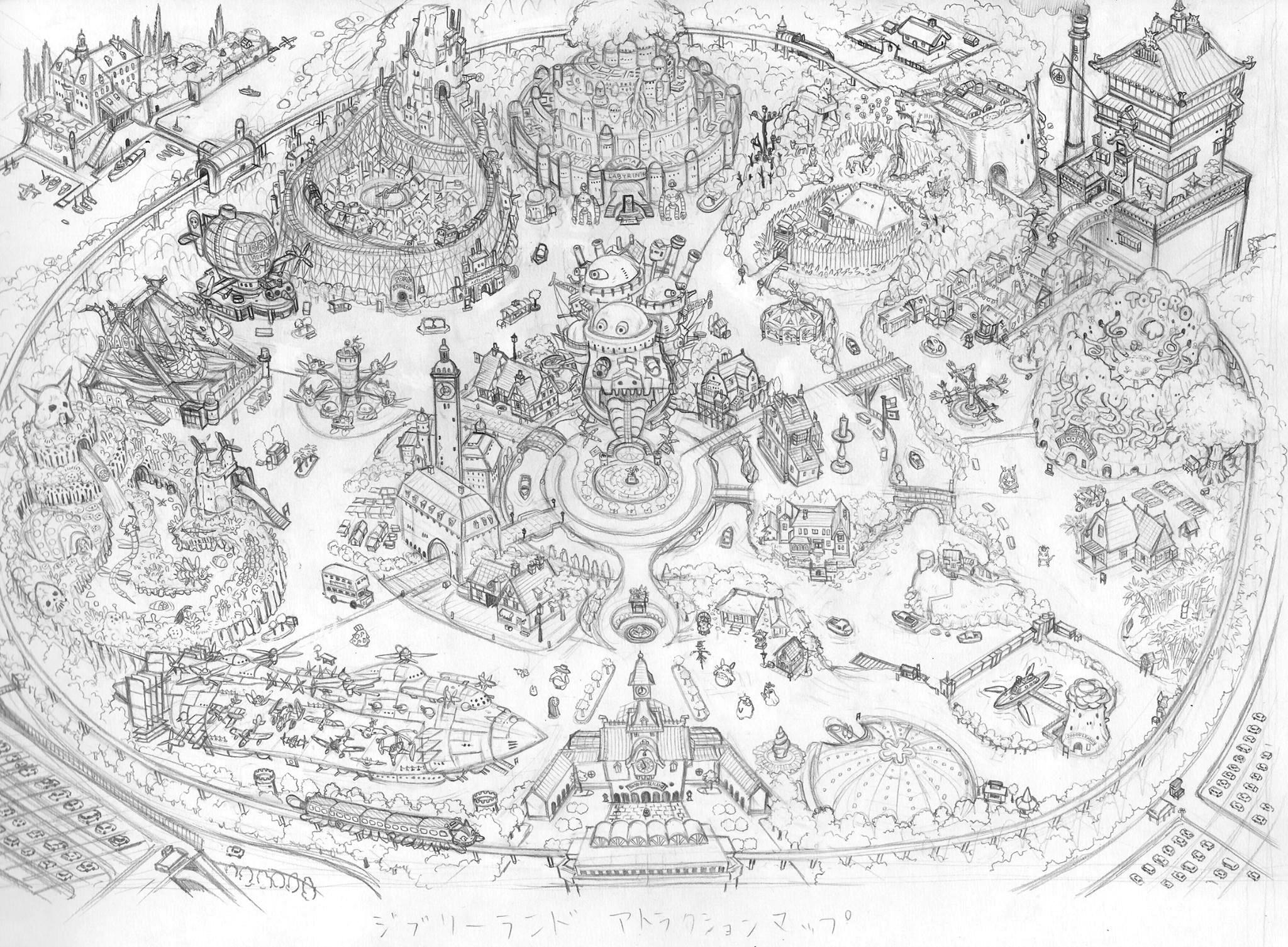 Mappa di Ghibli Land in bianco e nero