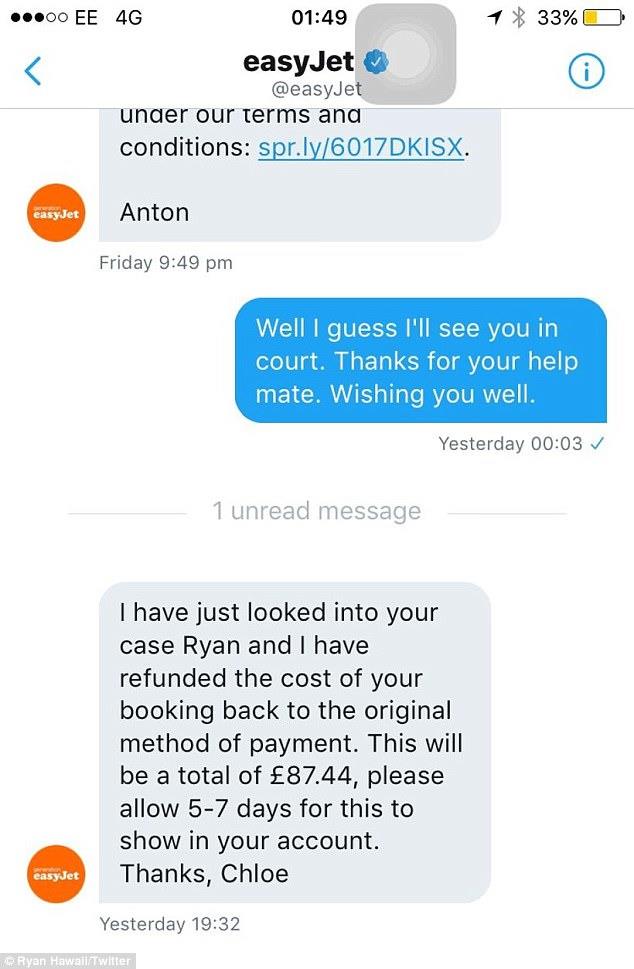 Ryan Hawaii ha deciso di denunciare EasyJet, così la compagnia aerea gli ha rimborsato interamente il volo di ritorno.