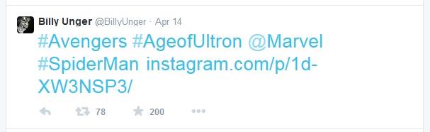 Billy Unger twitta con l'hashtag #SpiderMan dalla prima di Avengers: Age of Ultron