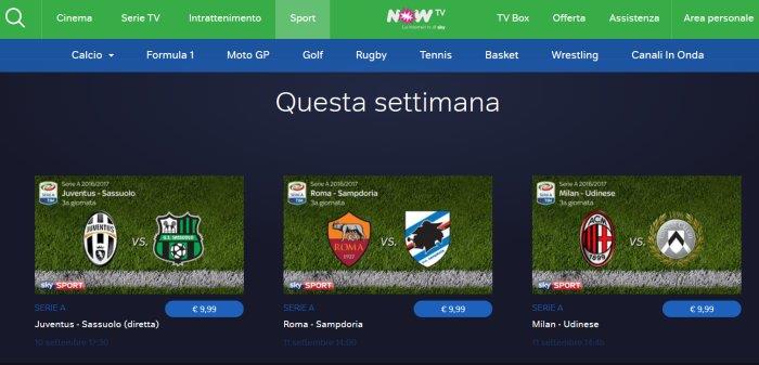 La schermata della sezione calcio di Now TV