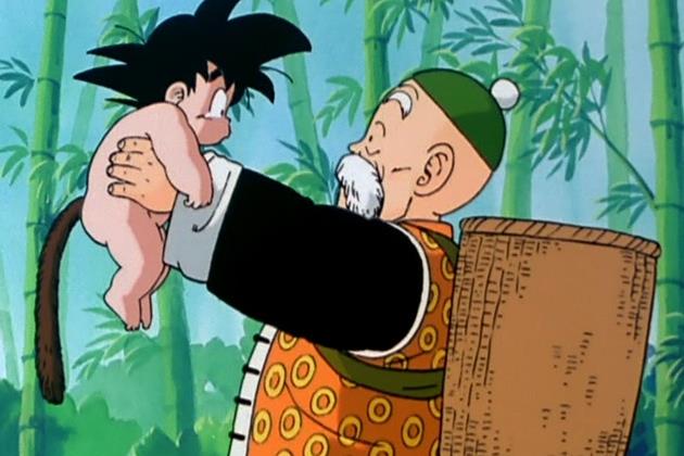 un piccolo Goku con il nonno Son Gohan