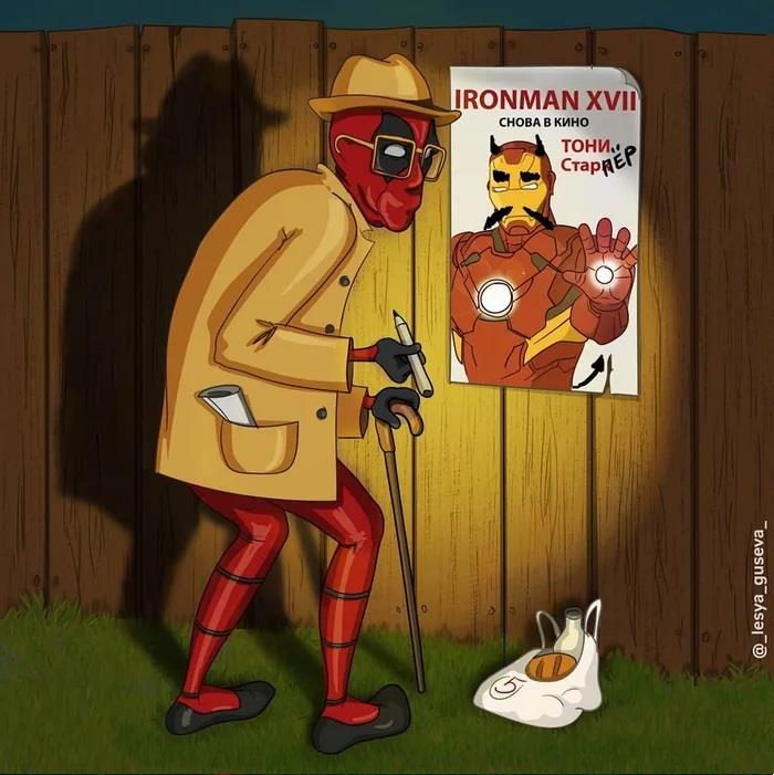 Deadpool vecchio che scarabocchia un cartellone
