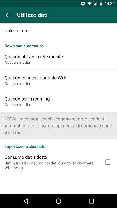 Schermata di WhatsApp dove si può impedire il download dei media - Trucchi WhatsApp