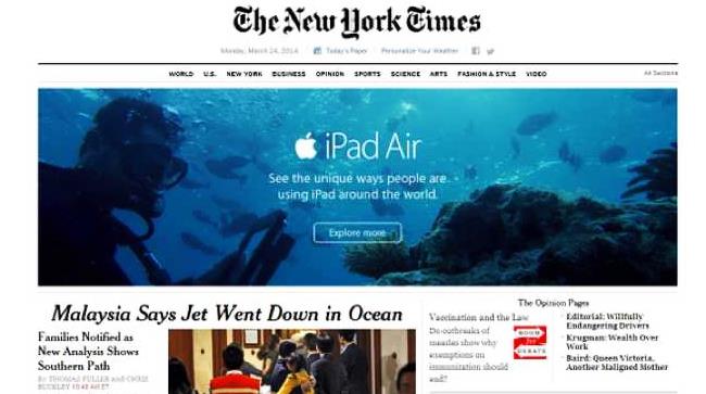La campagna della Apple impaginata nel posto sbagliato sul New York Times Campagna Apple nel posto sbagliato dopo il disastro del jet in Malesia