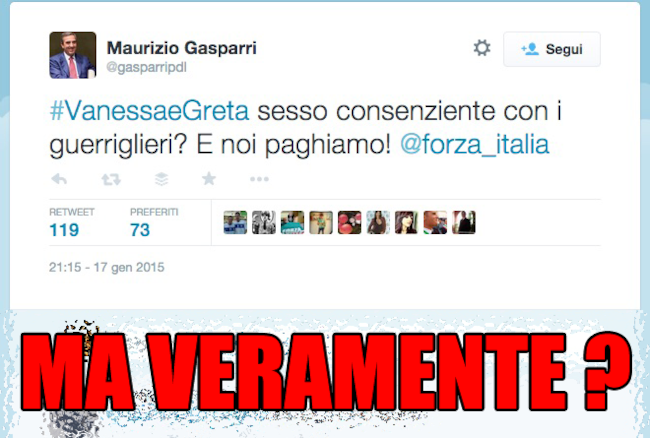 Gasparri twitta sulle due ragazze salvate in Siria Tweet di Gasparri su Greta e Vanessa