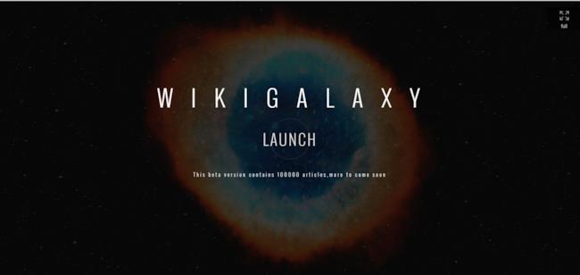 WikiGalaxy ti invita a esplorare Wikipedia sotto forma di galassia Schermata iniziale di WikiGalaxy