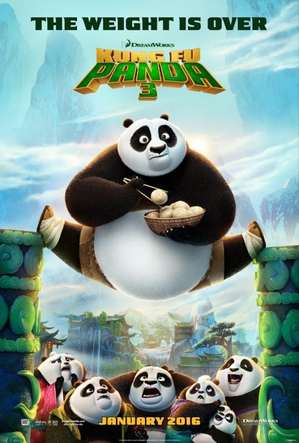 Il poster di Kung Fu Panda 3 con Po e altri panda