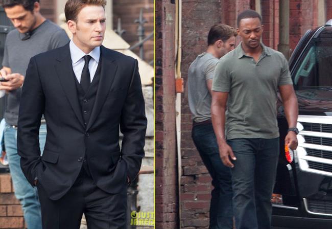 Chris Evans e Anthony Mackie a un funerale di Capitan America: Civil War