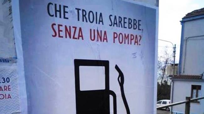 Benzinaio apre a Troia, in provincia di Foggia Un benzinaio fa scalpore per la pubblicità con cui promuove la sua pompa di benzina