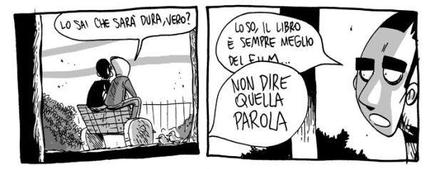 Una vignetta in cui l'artista ZeroCalcare annuncia l'uscita al cinema de La Profezia dell'Armadillo
