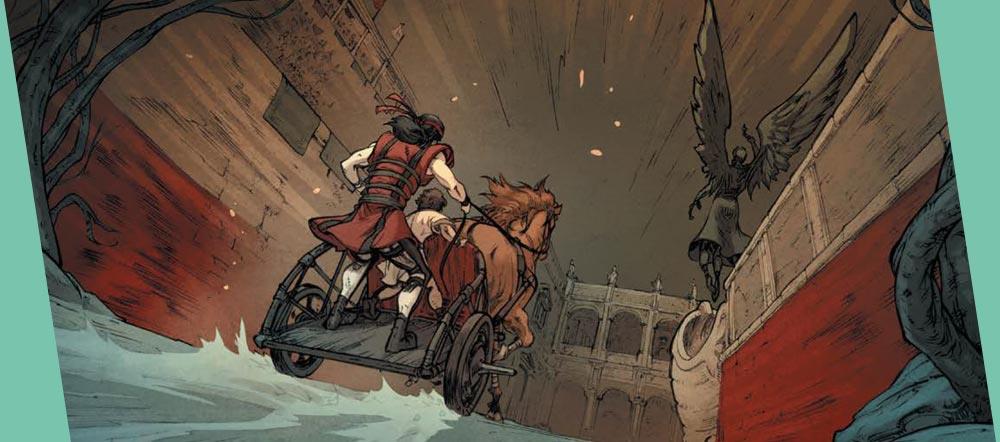 Un'altra sequenza di Gloria Victis durante una corsa con le bighe.