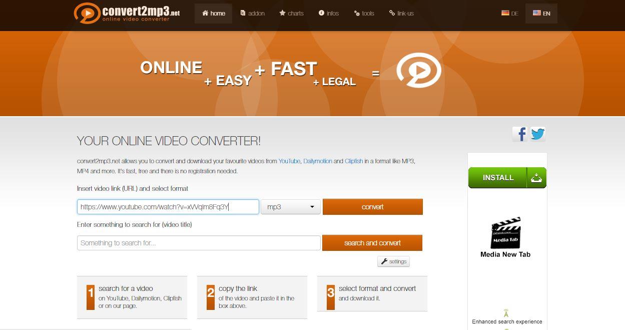 La home page di convert2mp3 - Come scaricare musica da YouTube