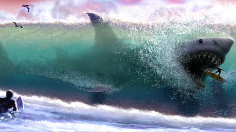 Il mega squalo Meg alle prese con un surfista