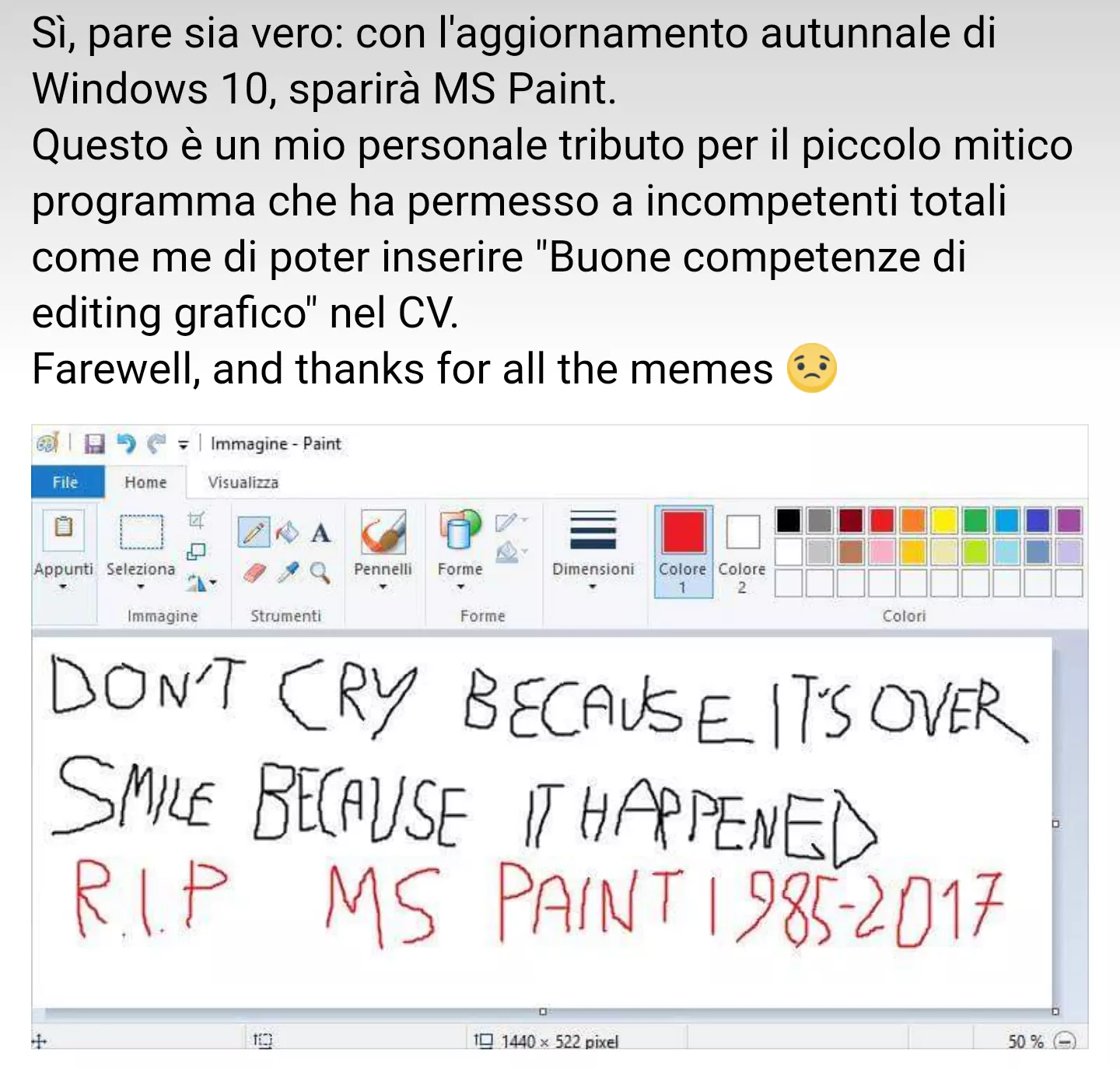 Un messaggio commemorativo per Microsoft Paint