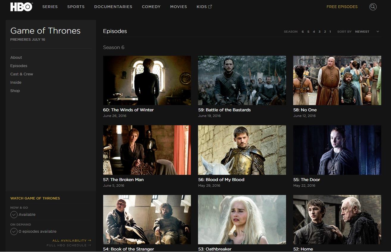 Game of Thrones in streaming - la home page di HBO