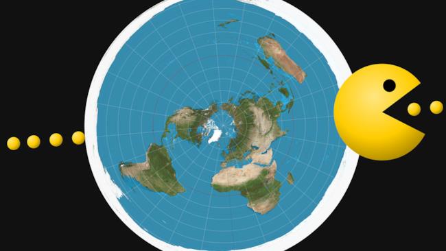 I terrapiattisti dicono che la Terra è come Pac-Man Un'immagine che ritrae Pac-Man sbucare da un lato all'altro della Terra