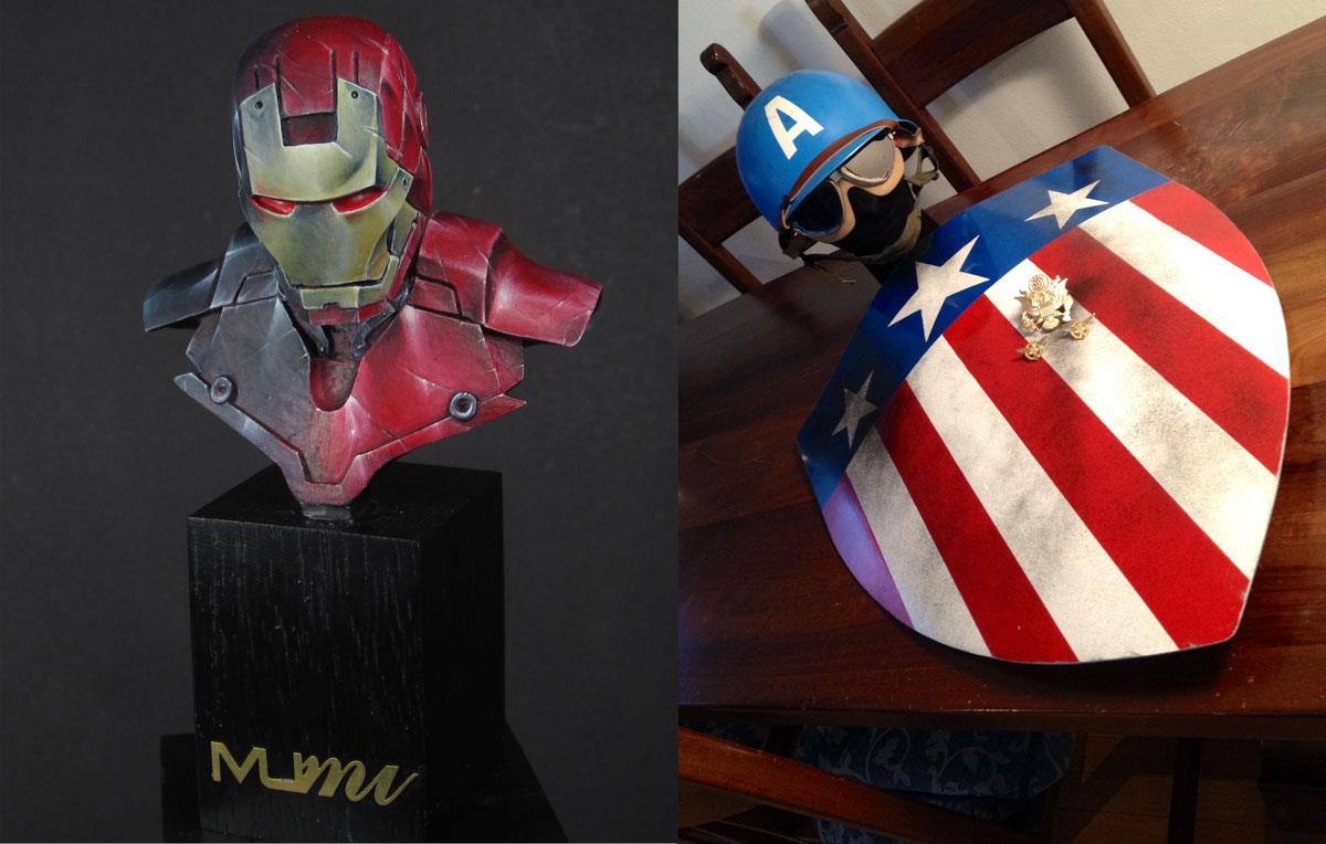Il busto di Iron Man e lo Scudo con Elmetto WWII di Capitan America