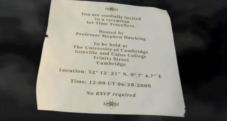 L'invito per la festa in onore dei viaggiatori del tempo, organizzata da Stephen Hawking
