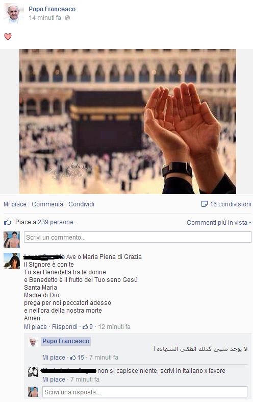 Messaggio con commenti e preghiere sulla pagina hackerata del Papa