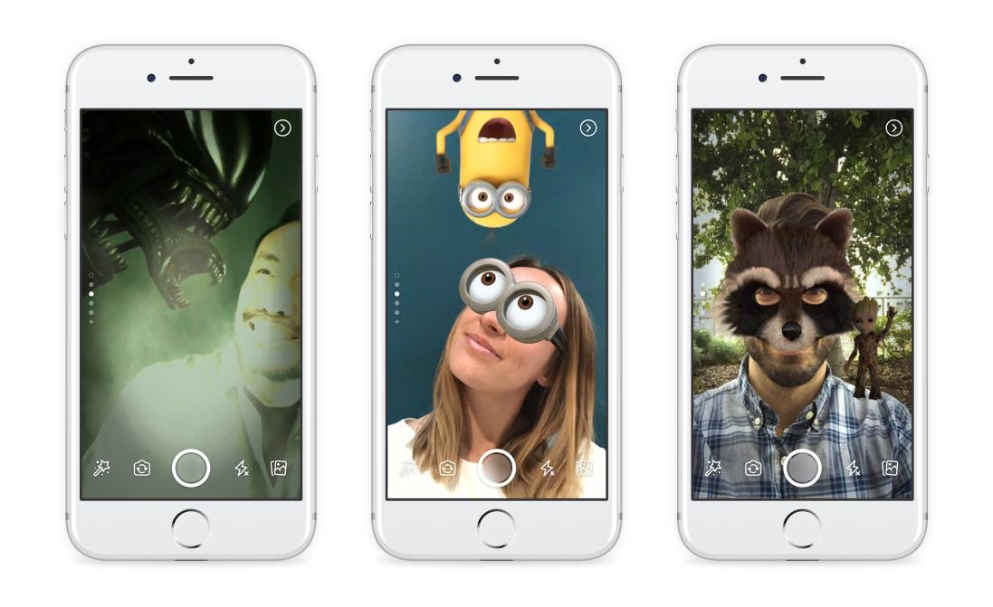 tre esempi dei filtri della fotocamera di Facebook Storie